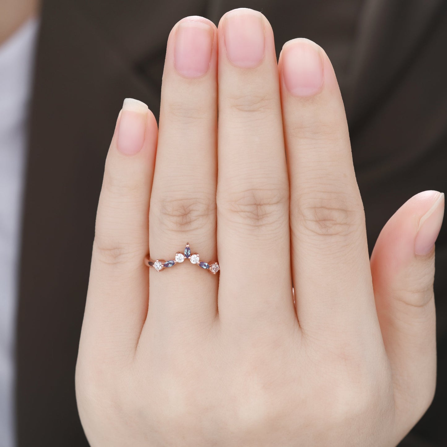 Alexandrite Wedding Band Moissanite Rose Gold Curved Matching Ring Birthstone Gift