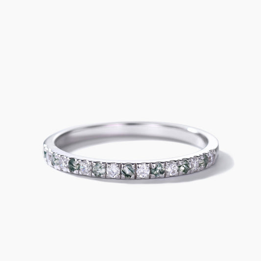 Moss Agate Wedding Band White Gold Moissanite Half Eternity 2mm Stacking Ring