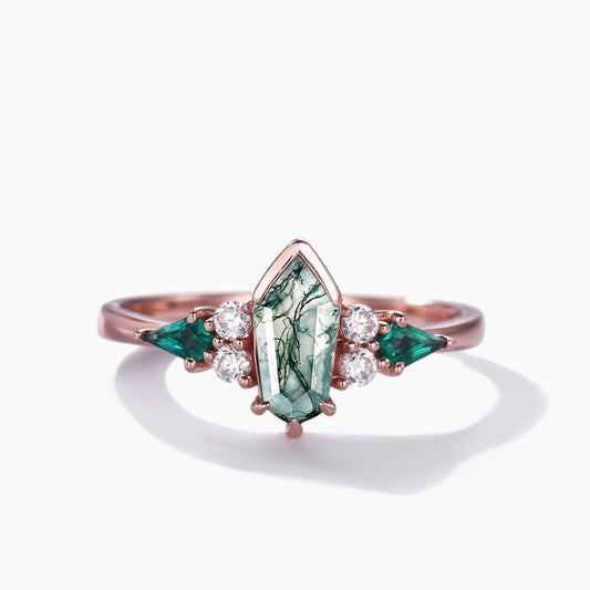 Unique Moss Agate Wedding Ring Set Rose Gold Gothic Engagement Ring Coffin Shield Cut