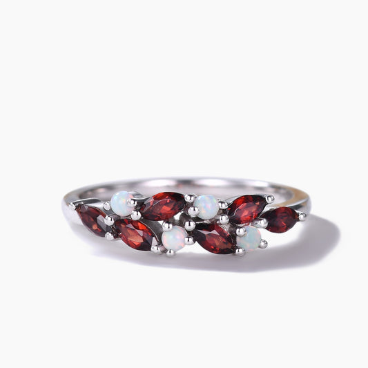 Birthstone Ring Opal Garnet Cluster Wedding Band 14k White Gold Ring for Mom