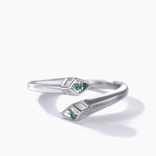 Unique Snake Kite Cut Moss Agate Wedding Band White Gold Adjustable Open Ring