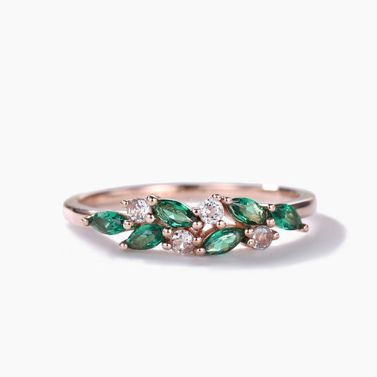 Unique Dainty Emerald Aquamarine Cluster Wedding Band 14k Rose Gold Ring for Mom