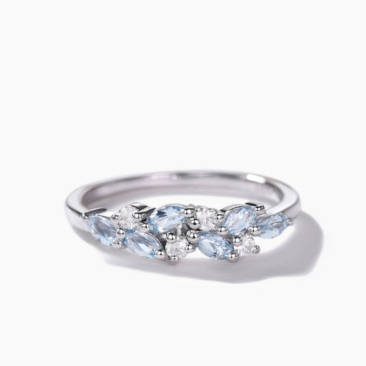 Marquise Aquamarine Moissanite 14k White Gold Ring Vintage Blue Gemstone Wedding Band