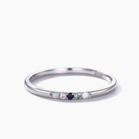Personalized 5 Birthstones White Gold Ring for Mother moonstone moss agate sandstone morganite opal