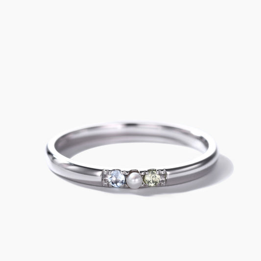 Family Birthstone Ring Aquamarine Pearl Peridot Ring 14k White Gold Gifts for Mother