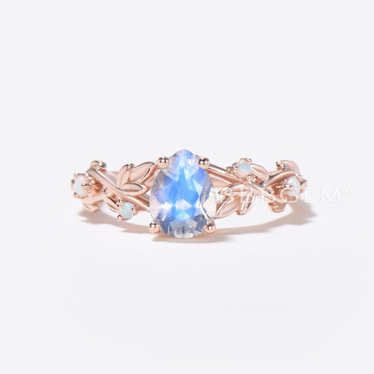 Nature Inspired Pear Moonstone Ring Branch Leaf Opal Engagement Ring