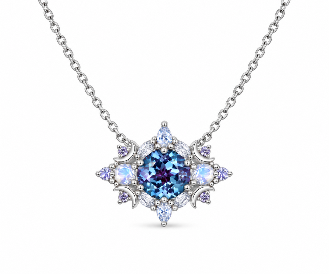 Round alexandrite moonstone cluster sterling silver necklace