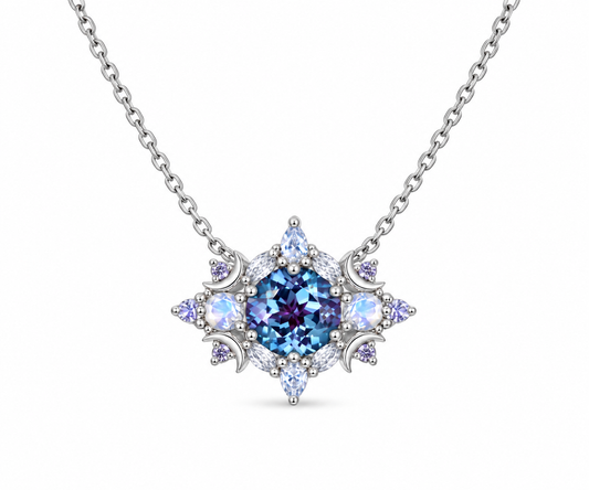 Round alexandrite moonstone cluster sterling silver necklace