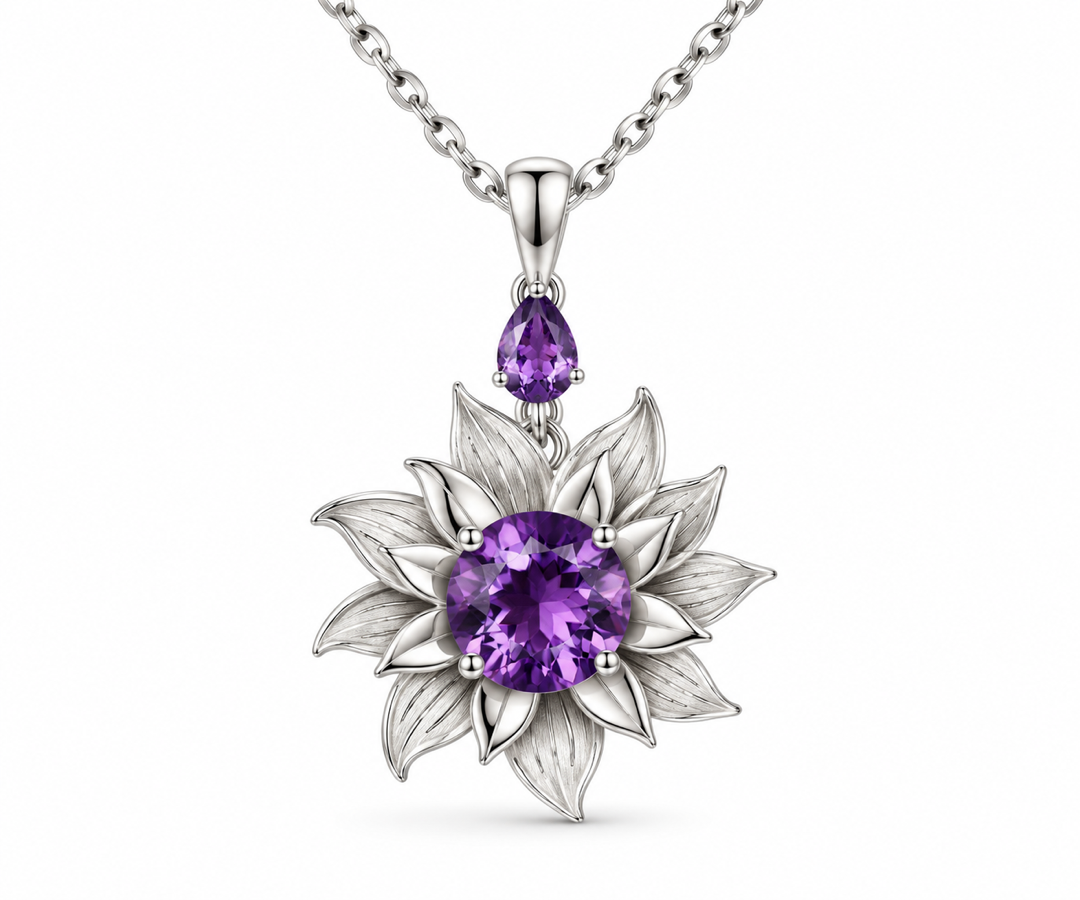 Amethyst Night Bloom sterling silver flower pendant necklace