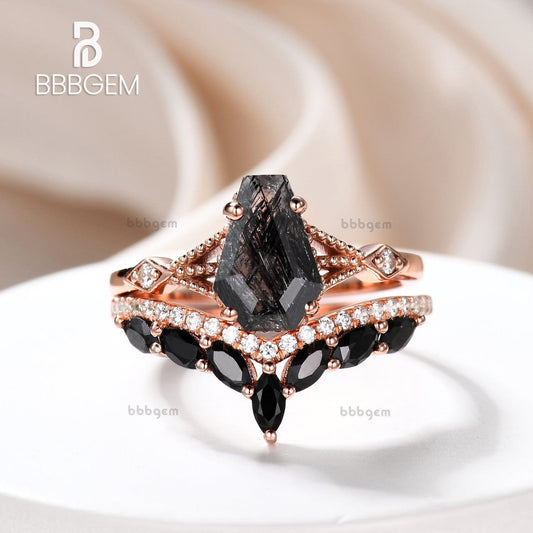 coffin black rutilated quartz engagement ring set