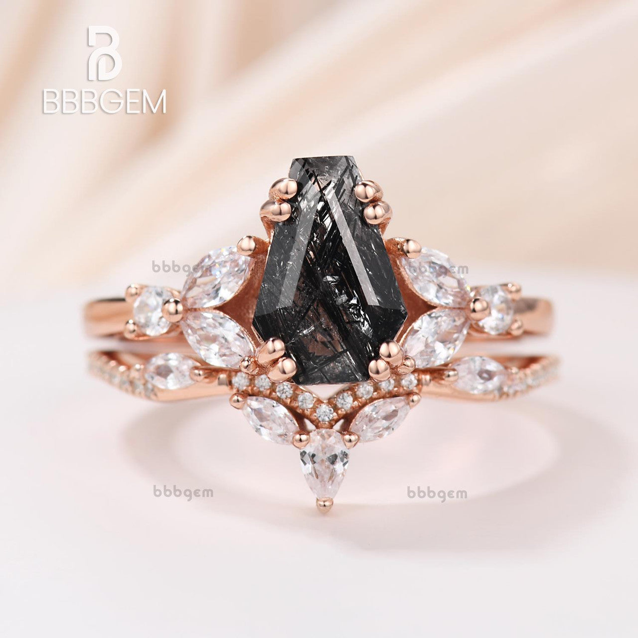coffin shape black rutilated quartz ring set-rose gold black rutilated quartz engagement ring-bbbgem women jewelry