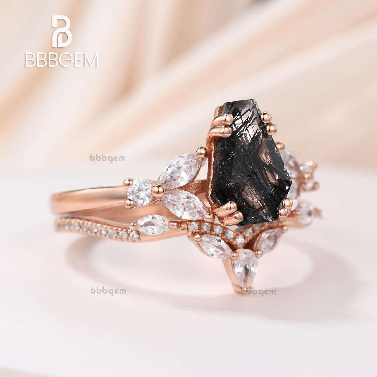 coffin shape black rutilated quartz ring set-rose gold black rutilated quartz engagement ring-bbbgem women jewelry