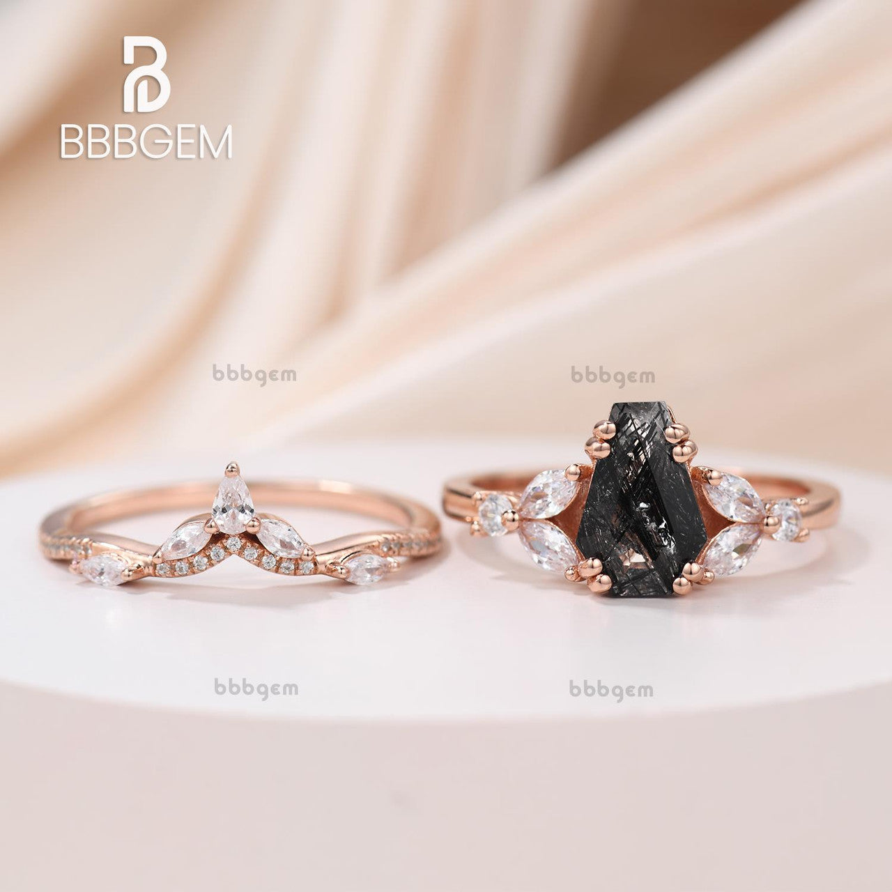 coffin shape black rutilated quartz ring set-rose gold black rutilated quartz engagement ring-bbbgem women jewelry