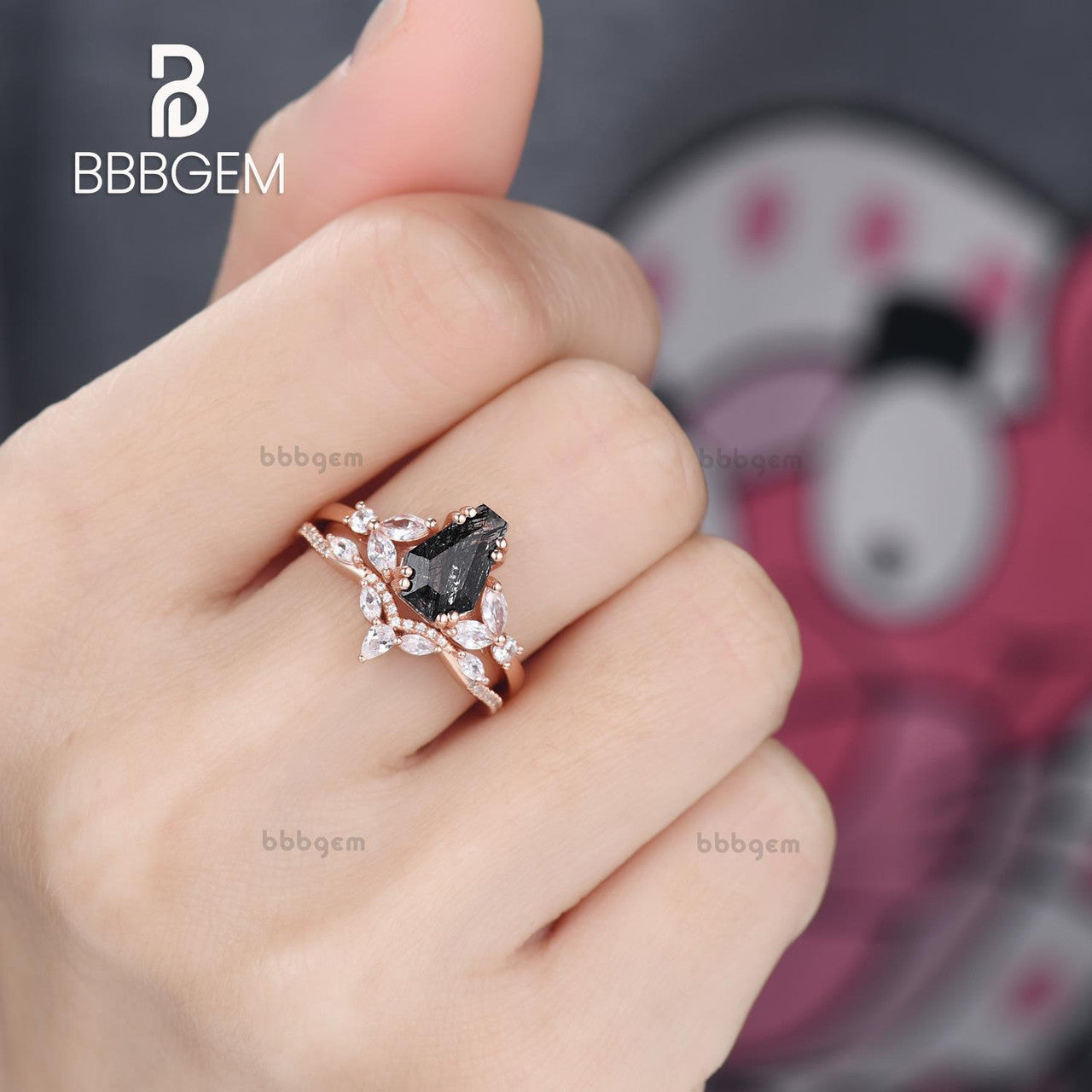 coffin shape black rutilated quartz ring set-rose gold black rutilated quartz engagement ring-bbbgem women jewelry