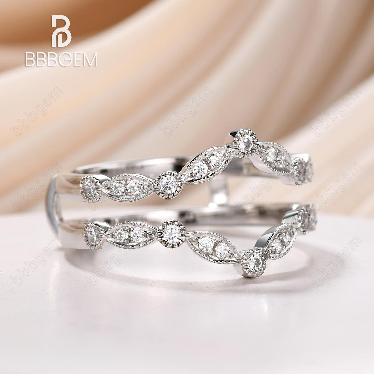 diamond enhancer band-marquise and dot stacking ring-silver white gold ring wraps with moissanite-bbbgem