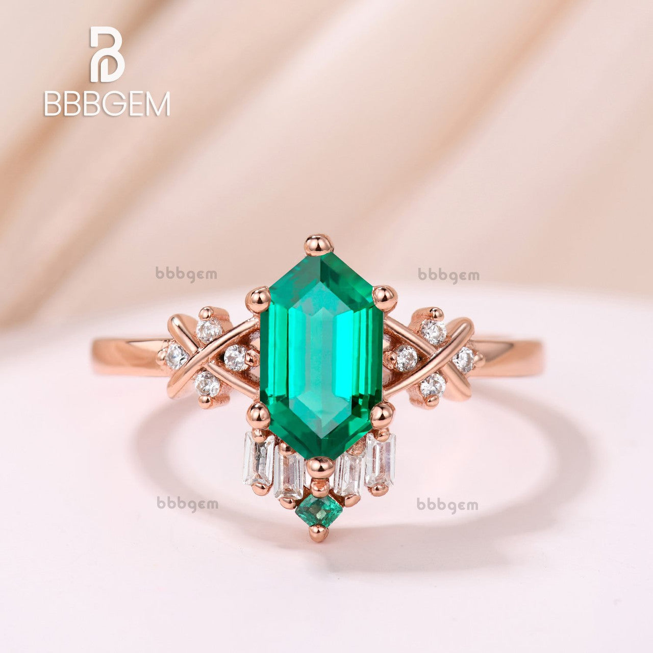 elegant emerald hexagon ring set in rose gold-hexagon emerald engagement ring-vintage hexagon emerald diamond statement ring