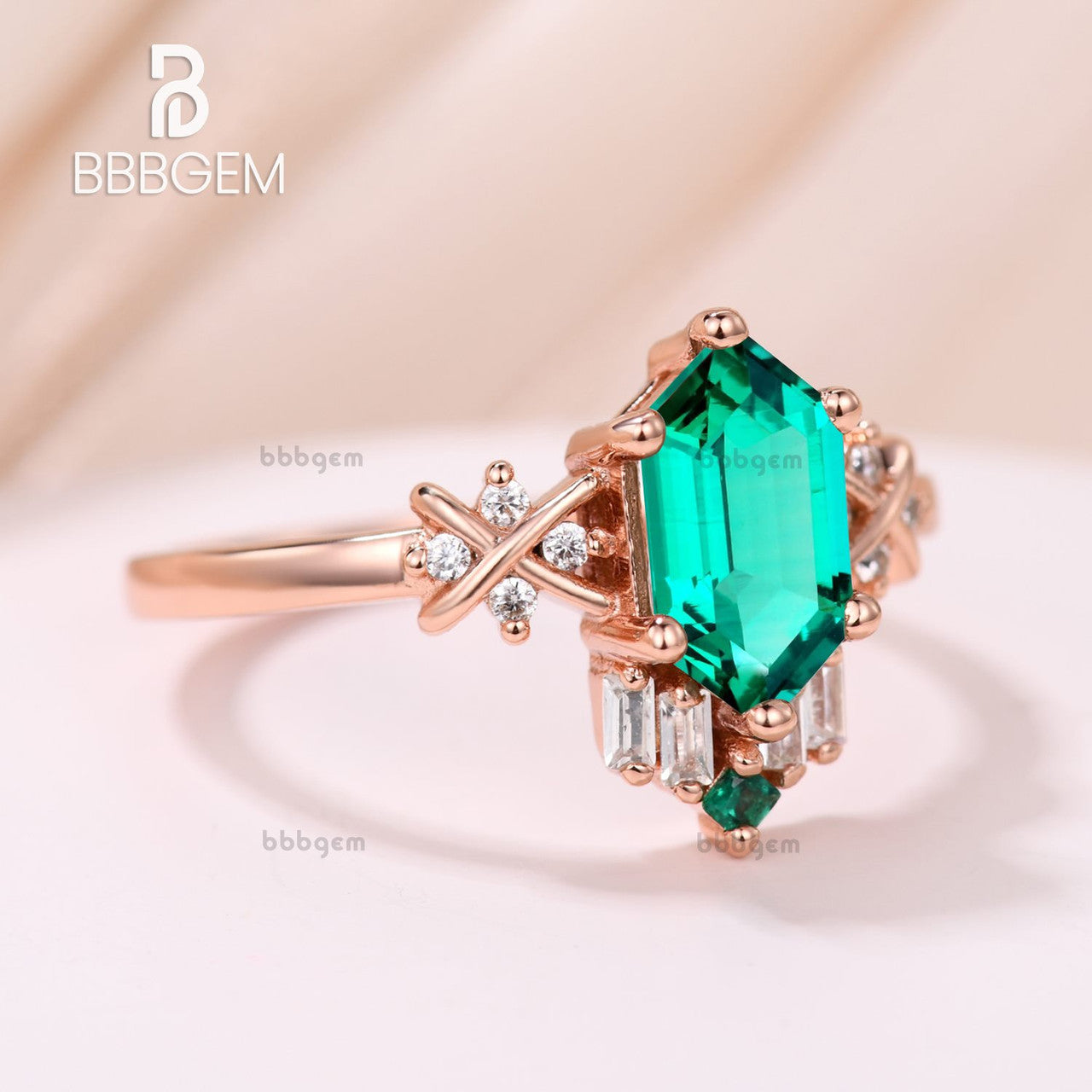 elegant emerald hexagon ring set in rose gold-hexagon emerald engagement ring-vintage hexagon emerald diamond statement ring