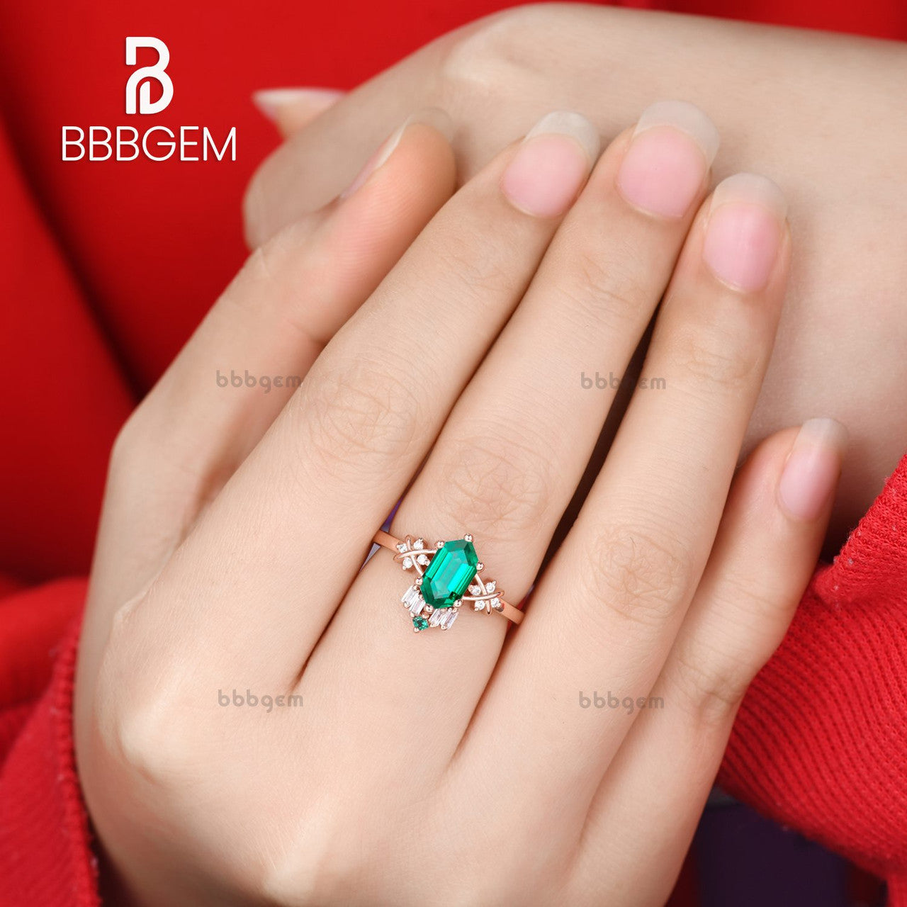 elegant emerald hexagon ring set in rose gold-hexagon emerald engagement ring-vintage hexagon emerald diamond statement ring