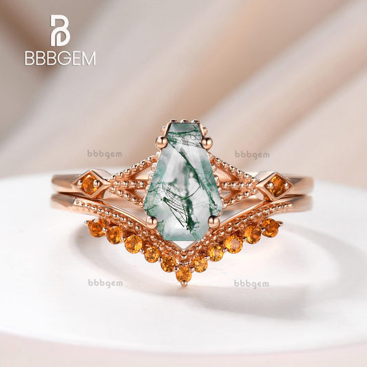 Vintage Moss Agate Coffin Cut Wedding Ring Set W/ Yellow Citrine Milgrain Curve Band Women