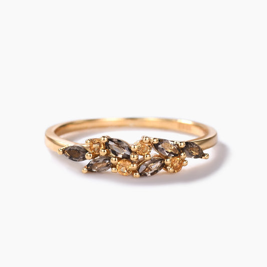 Unique Smoky Quartz Citrine Wedding Band Vintage Brown Gemstone Yellow Gold Ring