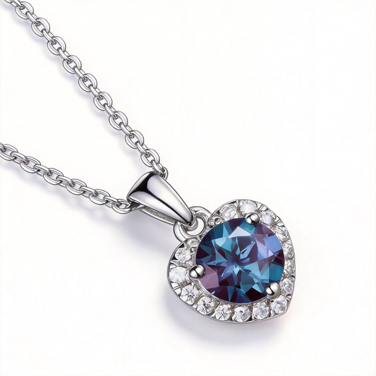 1ct Round Alexandrite Necklace with Heart Halo Pendant