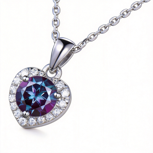 1ct Round Alexandrite Necklace with Heart Halo Pendant