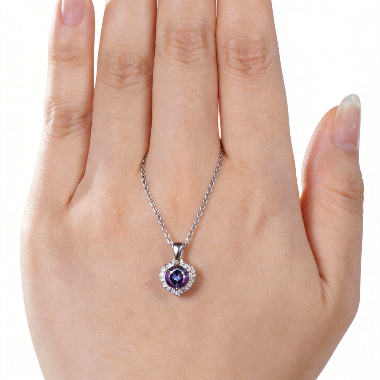 1ct Round Alexandrite Necklace with Heart Halo Pendant