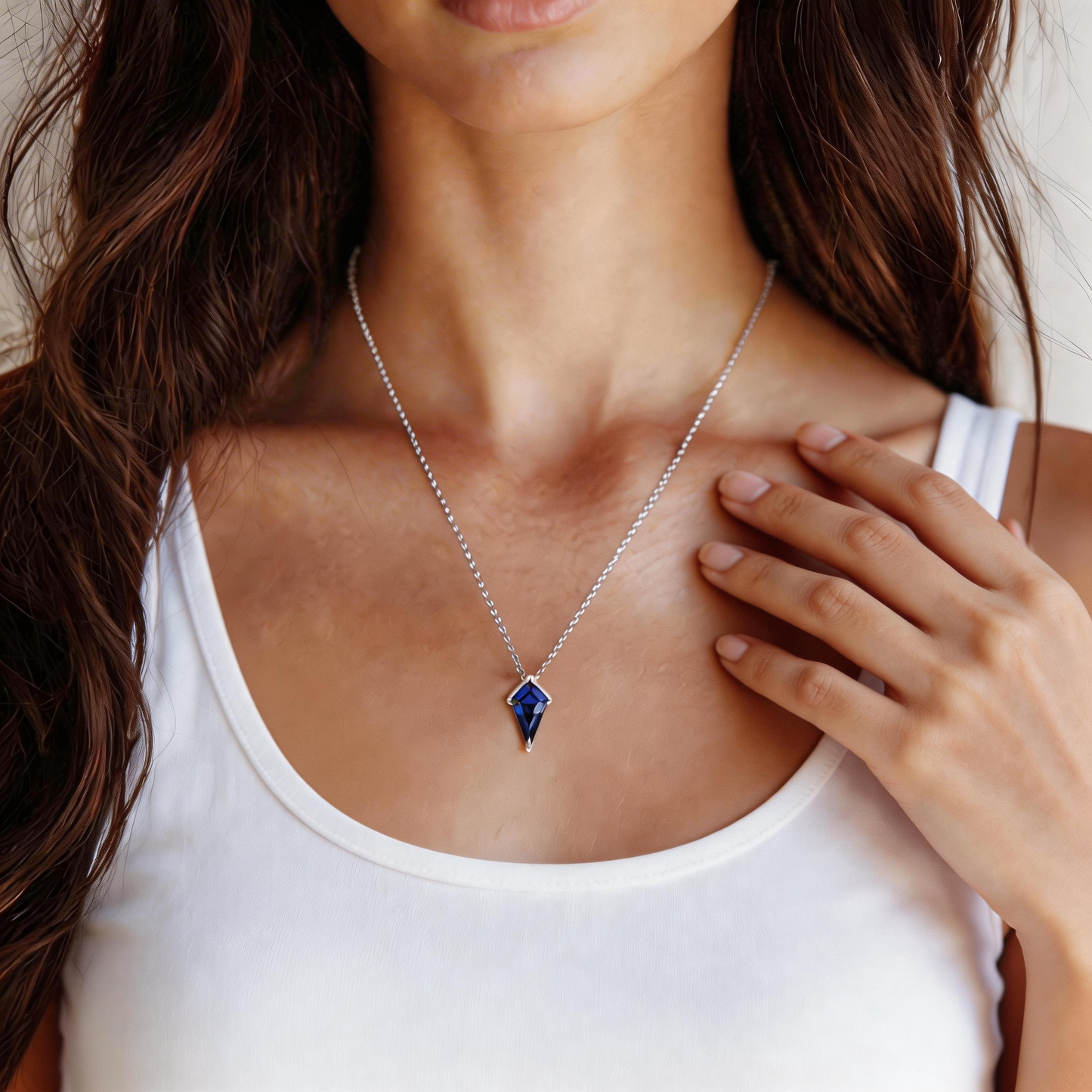 3ct Kite Shape Blue Sapphire Solitaire Pendant Necklace 14K Solid White Gold Neutral Jewelry