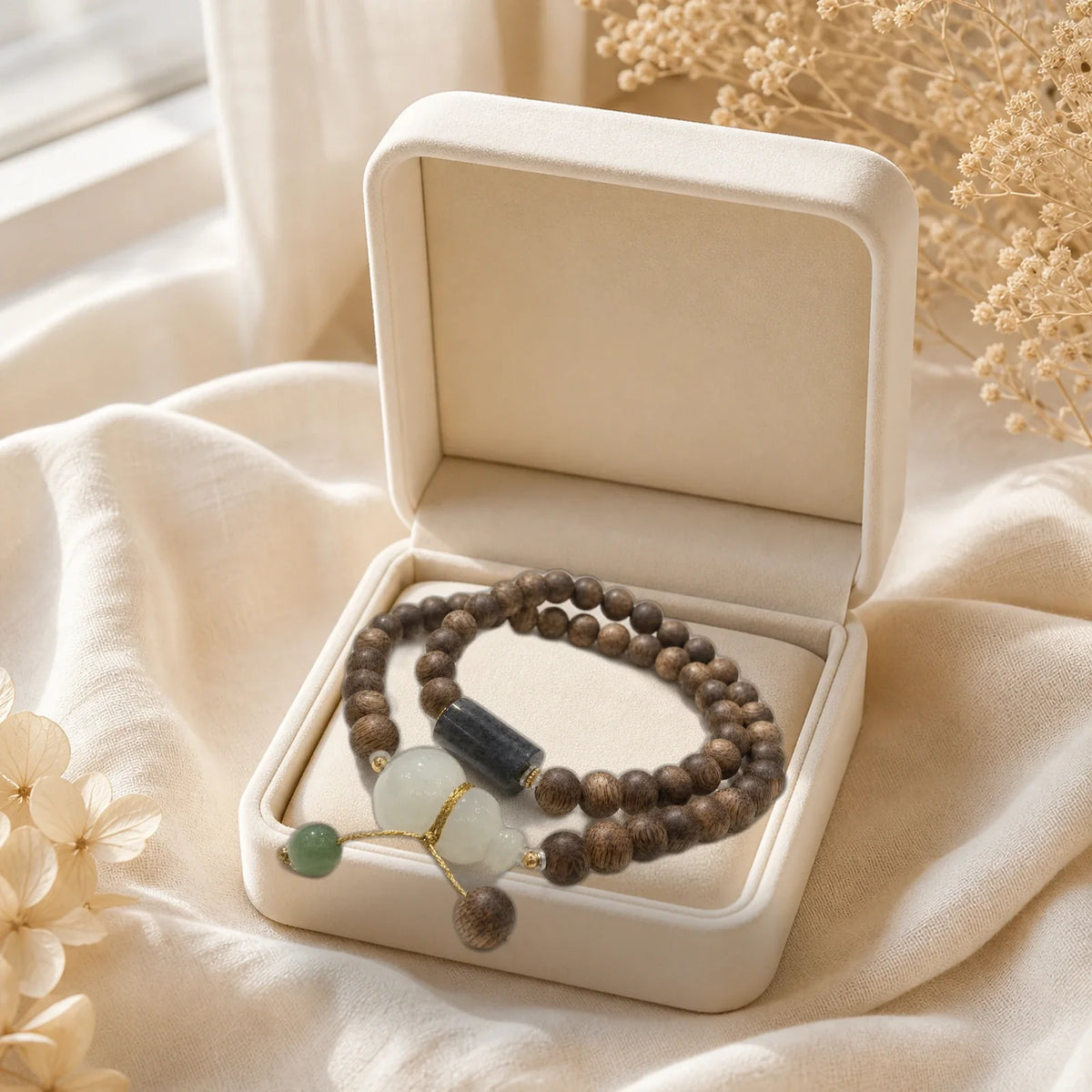 Kynam agarwood Hetian jade gourd bracelet in gift box