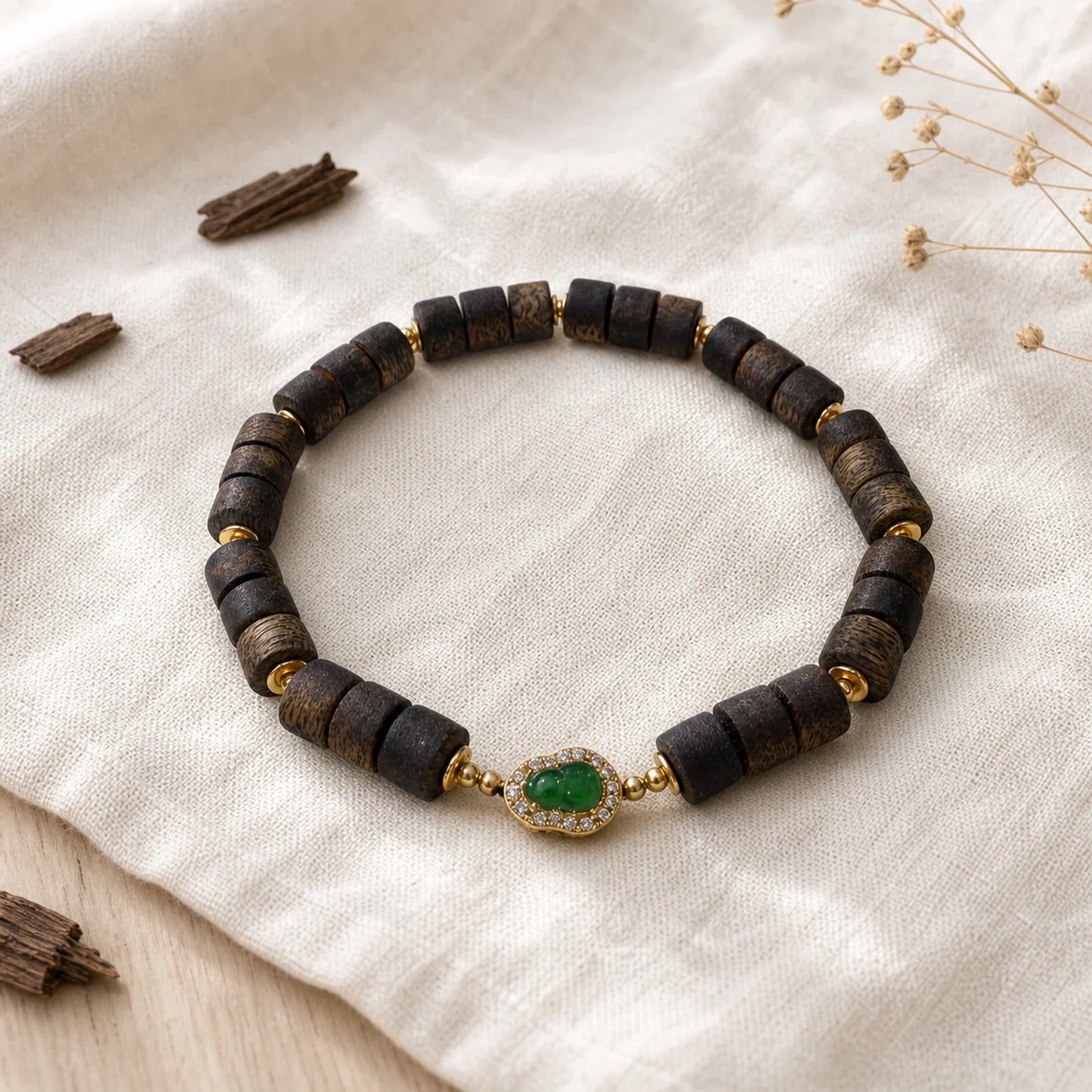 Kynam agarwood jade barrel bead bracelet front view