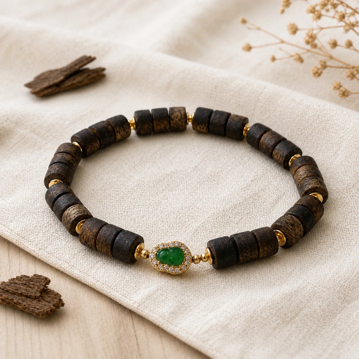 Kynam agarwood jade barrel bead bracelet side detail showing wood grain