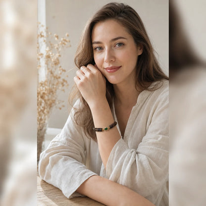 Kynam agarwood jade barrel bead bracelet worn by a model