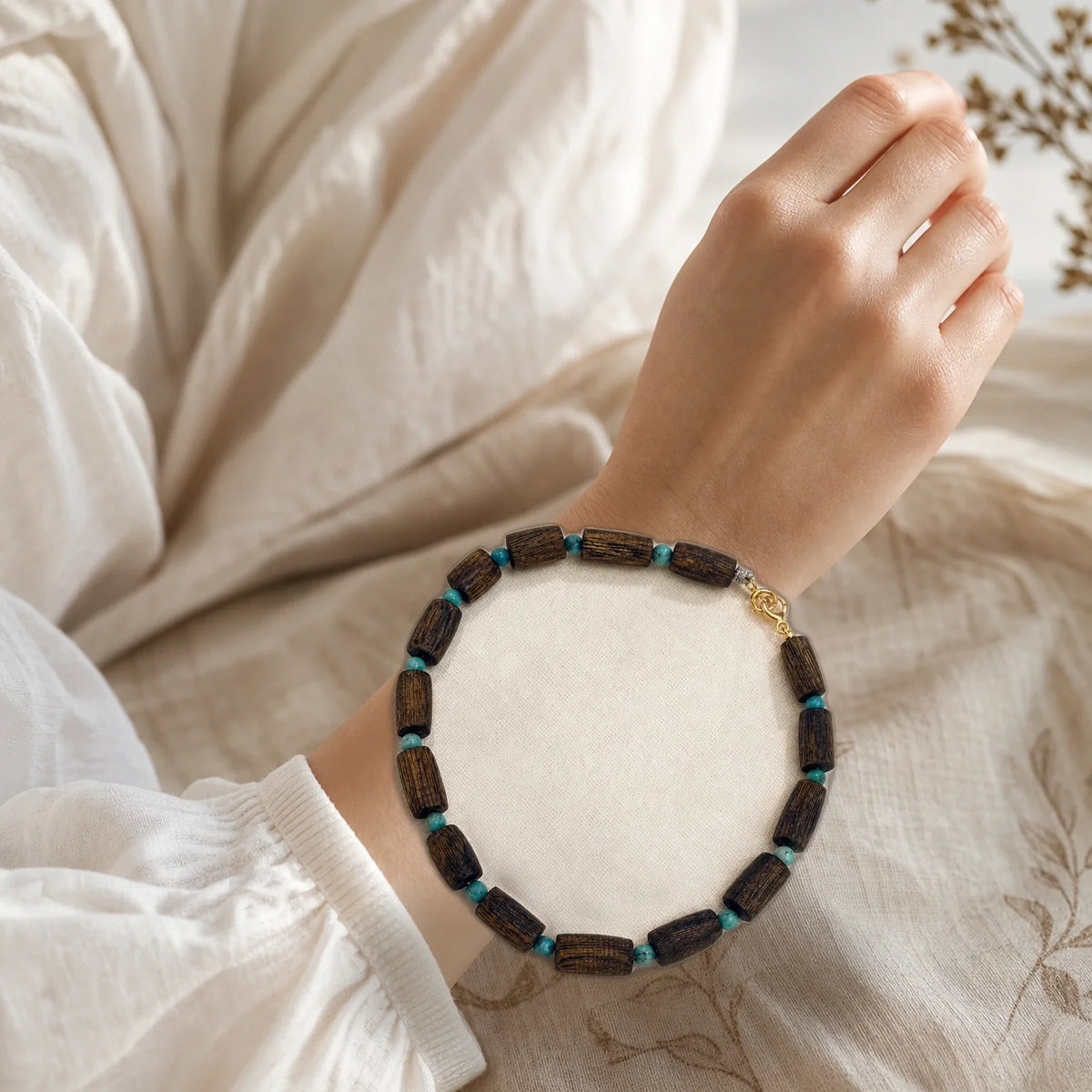 Kynam agarwood lapis lazuli bracelet worn on wrist
