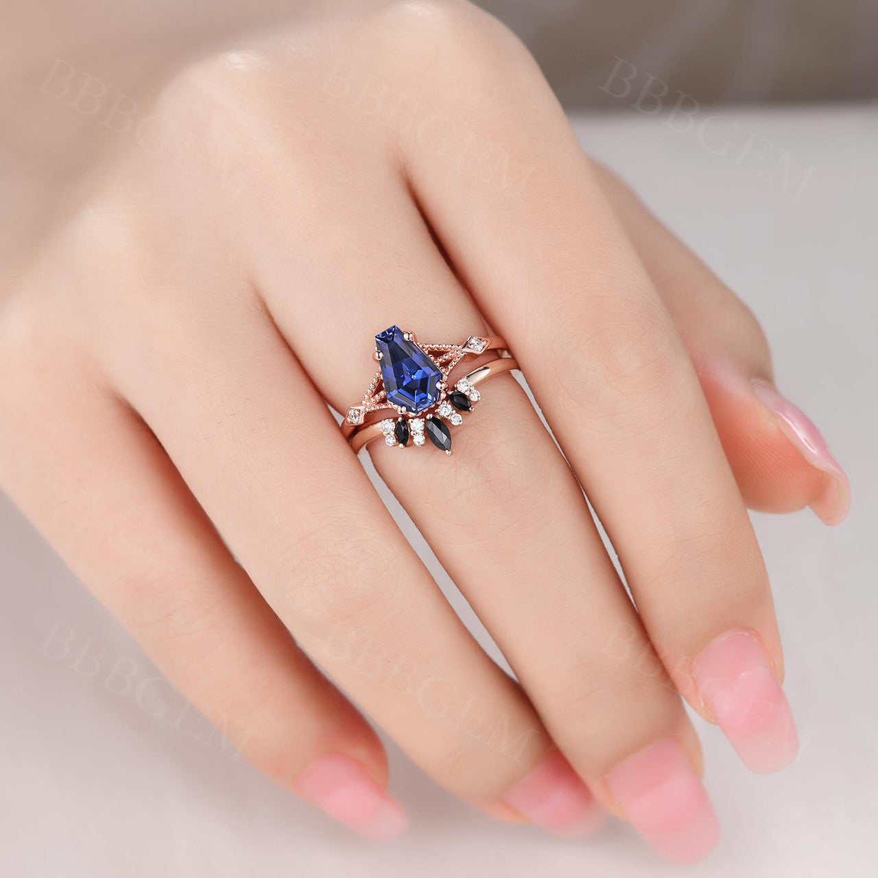 Blue Sapphire Ladies Ring, 9x6mm Coffin Sapphire Engagement Rings, Women's Ring, Blue Gemstone Ring, Daily Ring, Wedding Ring 18k Rose Gold
