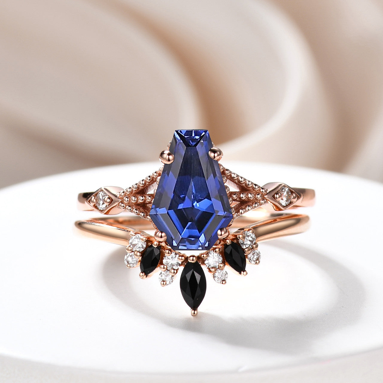Blue Sapphire Ladies Ring, 9x6mm Coffin Sapphire Engagement Rings, Women's Ring, Blue Gemstone Ring, Daily Ring, Wedding Ring 18k Rose Gold