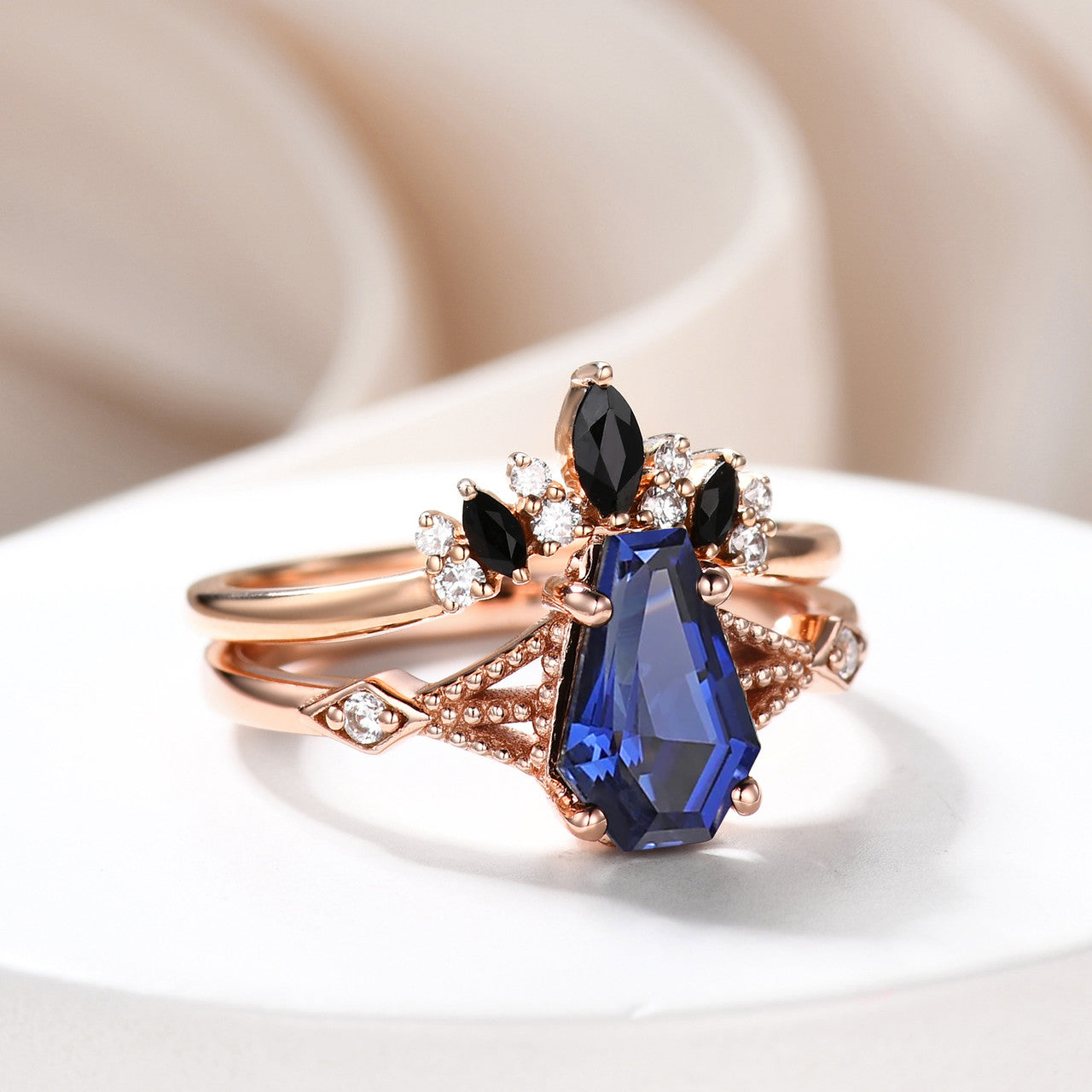 Blue Sapphire Ladies Ring, 9x6mm Coffin Sapphire Engagement Rings, Women's Ring, Blue Gemstone Ring, Daily Ring, Wedding Ring 18k Rose Gold