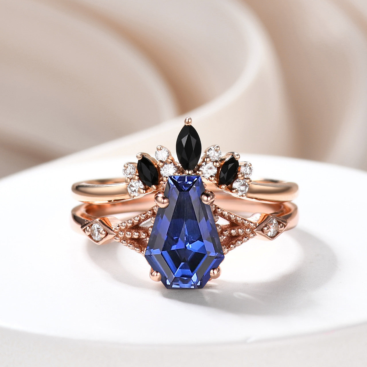 Blue Sapphire Ladies Ring, 9x6mm Coffin Sapphire Engagement Rings, Women's Ring, Blue Gemstone Ring, Daily Ring, Wedding Ring 18k Rose Gold
