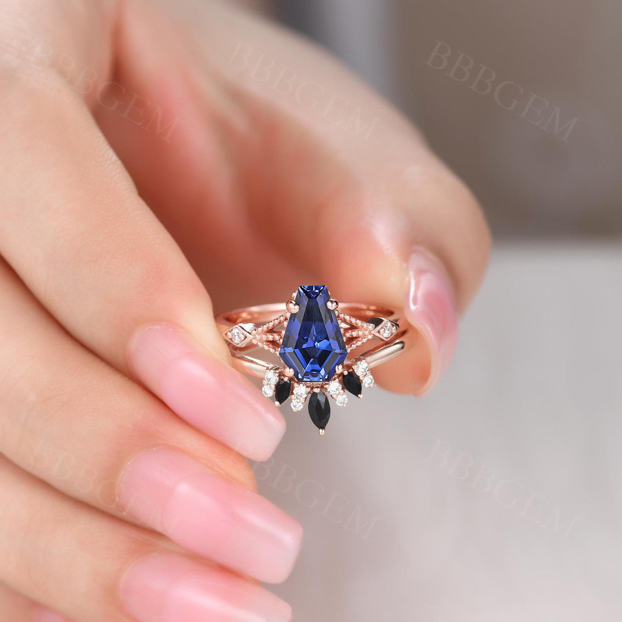Blue Sapphire Ladies Ring, 9x6mm Coffin Sapphire Engagement Rings, Women's Ring, Blue Gemstone Ring, Daily Ring, Wedding Ring 18k Rose Gold
