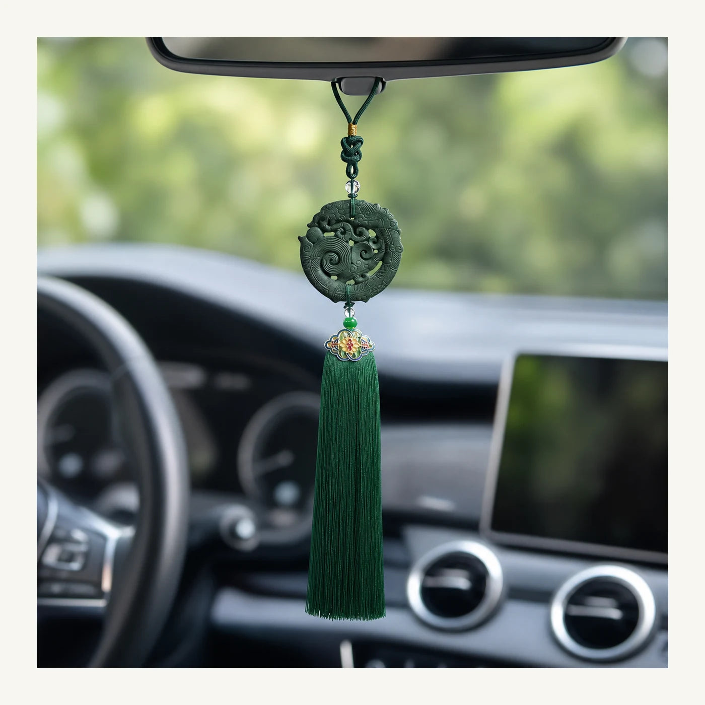 Lavender Scent Antique Dragon Incense Car Charm hanging in a car