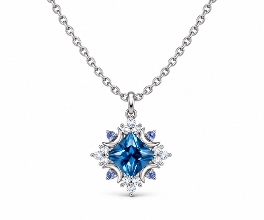 Princess London blue topaz crescent moon sterling silver necklace