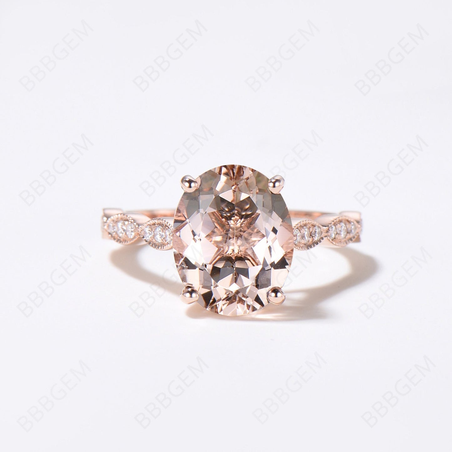 Classic 3 Carat Oval Peach Morganite Solitaire Engagement Ring Marquise Diamond Half Eternity Band in 14K Rose Gold