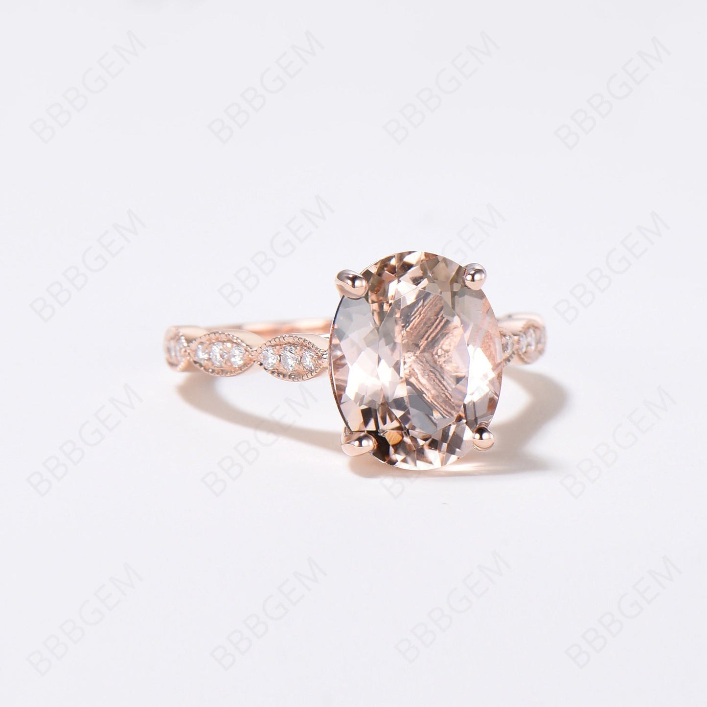 Classic 3 Carat Oval Peach Morganite Solitaire Engagement Ring Marquise Diamond Half Eternity Band in 14K Rose Gold
