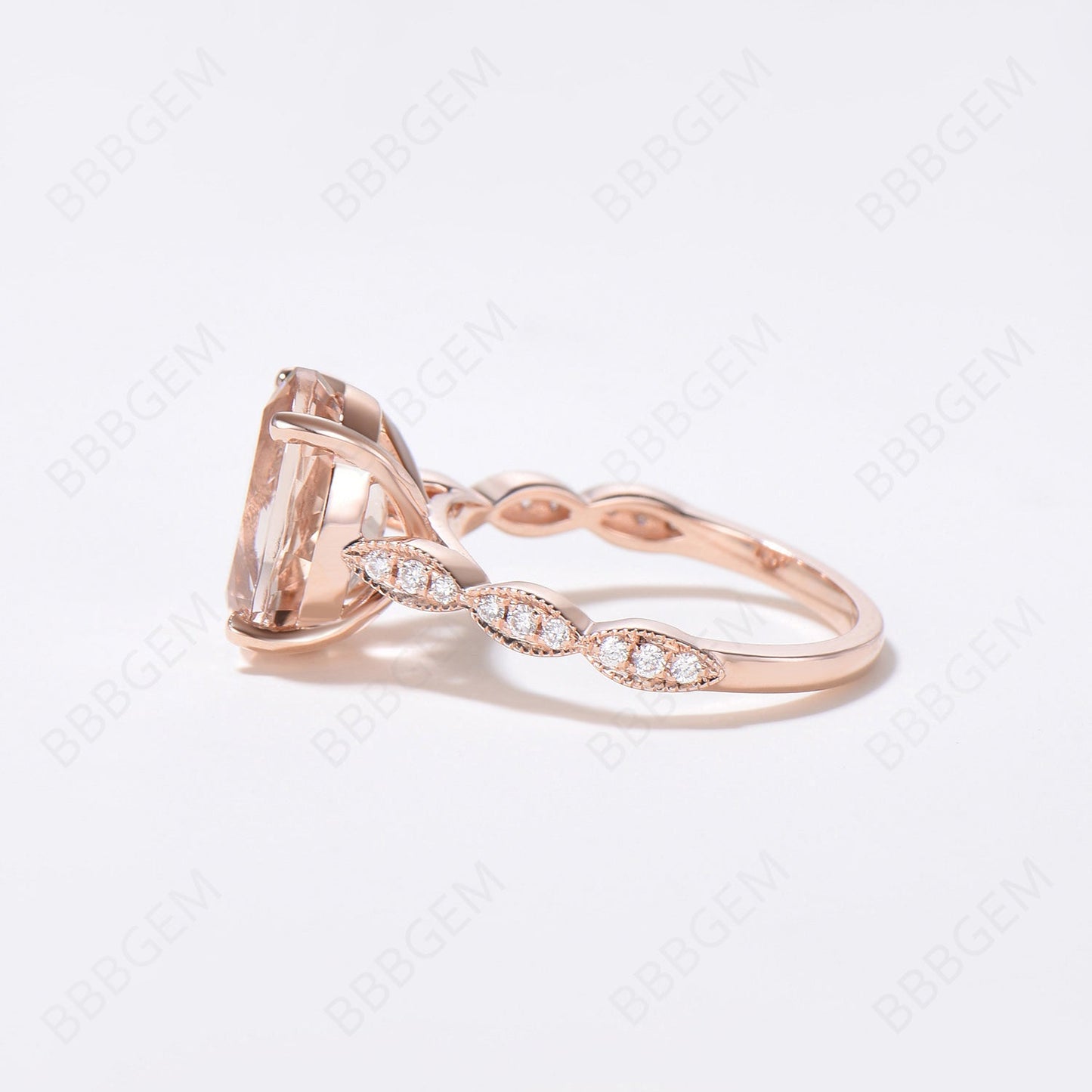 Classic 3 Carat Oval Peach Morganite Solitaire Engagement Ring Marquise Diamond Half Eternity Band in 14K Rose Gold