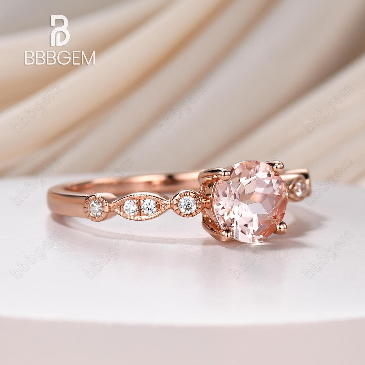 14k Rose Gold Natural Morganite Engagement Ring Art Deco Diamond Band Round Cut Morganite Women Stacking Ring Unique Anniversary Bridal Ring