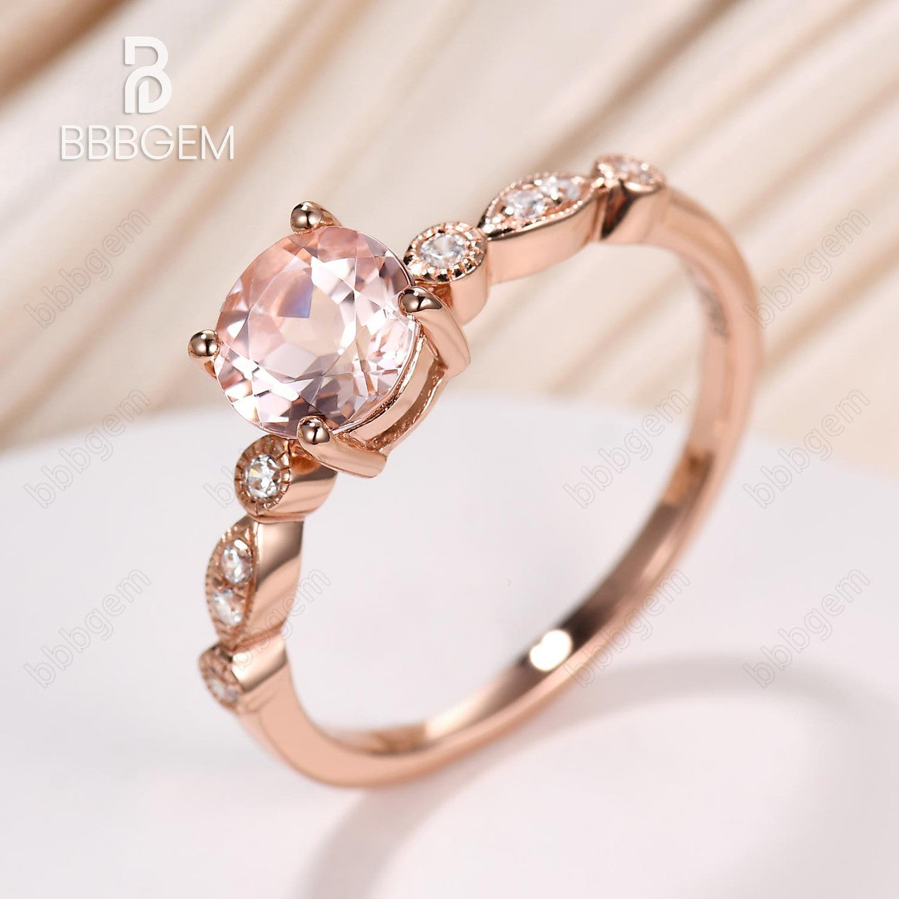 14k Rose Gold Natural Morganite Engagement Ring Art Deco Diamond Band Round Cut Morganite Women Stacking Ring Unique Anniversary Bridal Ring
