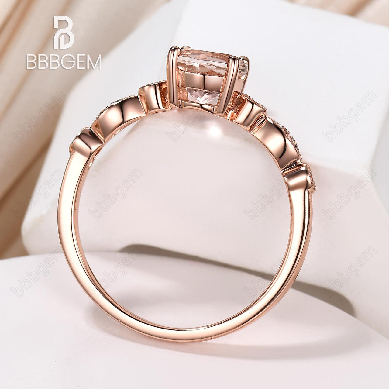 14k Rose Gold Natural Morganite Engagement Ring Art Deco Diamond Band Round Cut Morganite Women Stacking Ring Unique Anniversary Bridal Ring