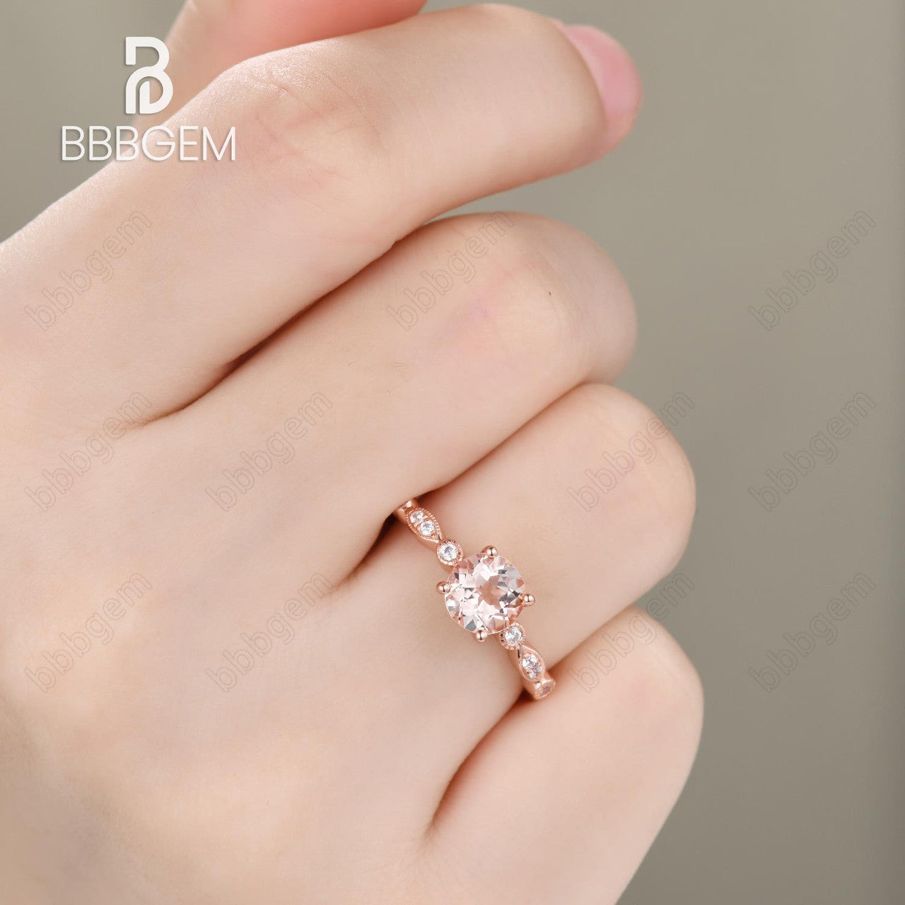 14k Rose Gold Natural Morganite Engagement Ring Art Deco Diamond Band Round Cut Morganite Women Stacking Ring Unique Anniversary Bridal Ring