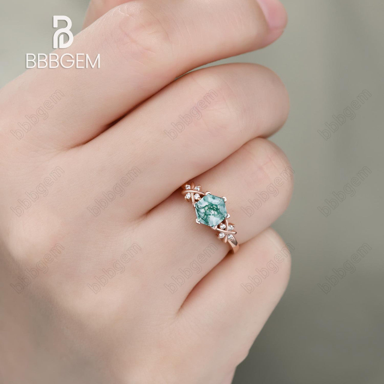 Rose Gold Hexagon Cut Moss Agate Side Stones Engagement Ring