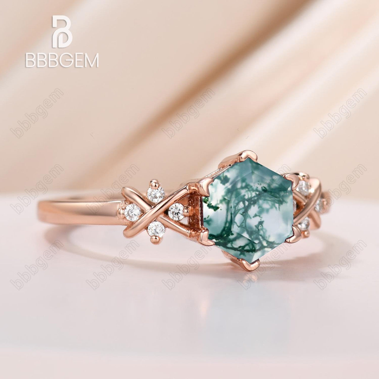 Rose Gold Hexagon Cut Moss Agate Side Stones Engagement Ring
