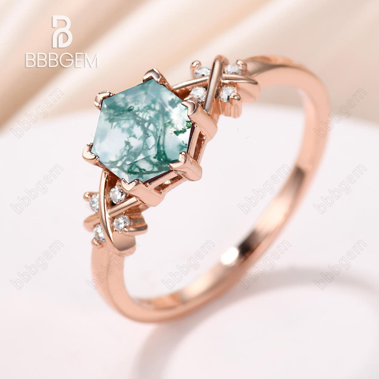 Rose Gold Hexagon Cut Moss Agate Side Stones Engagement Ring